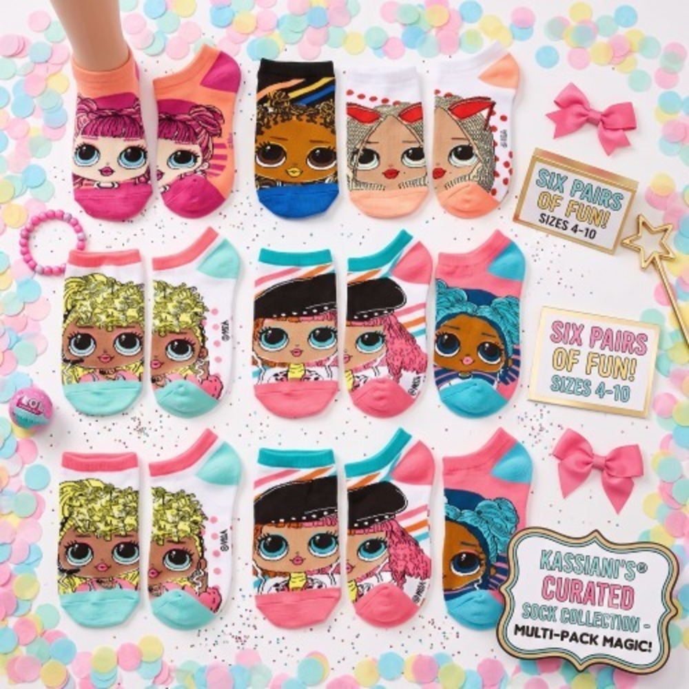 LOL Surprise Girls No Show Socks 6 Pairs Multi Color Character Graphic Size 4 10